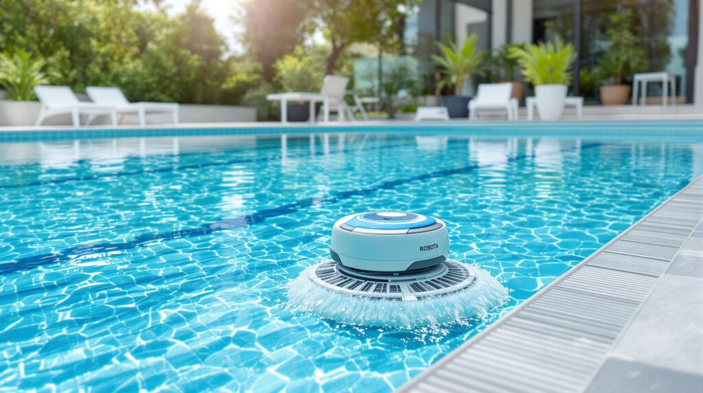 Robot nettoyeur de piscine en action