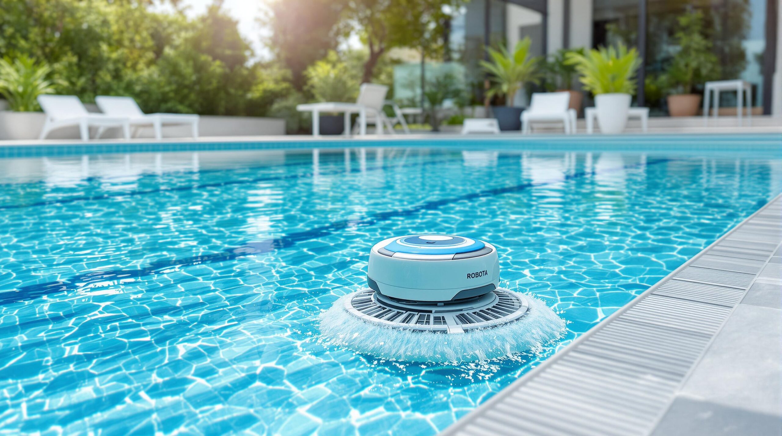 Entretien piscine moderne : solutions Blue Lagoon 6 Robot nettoyeur de piscine en action