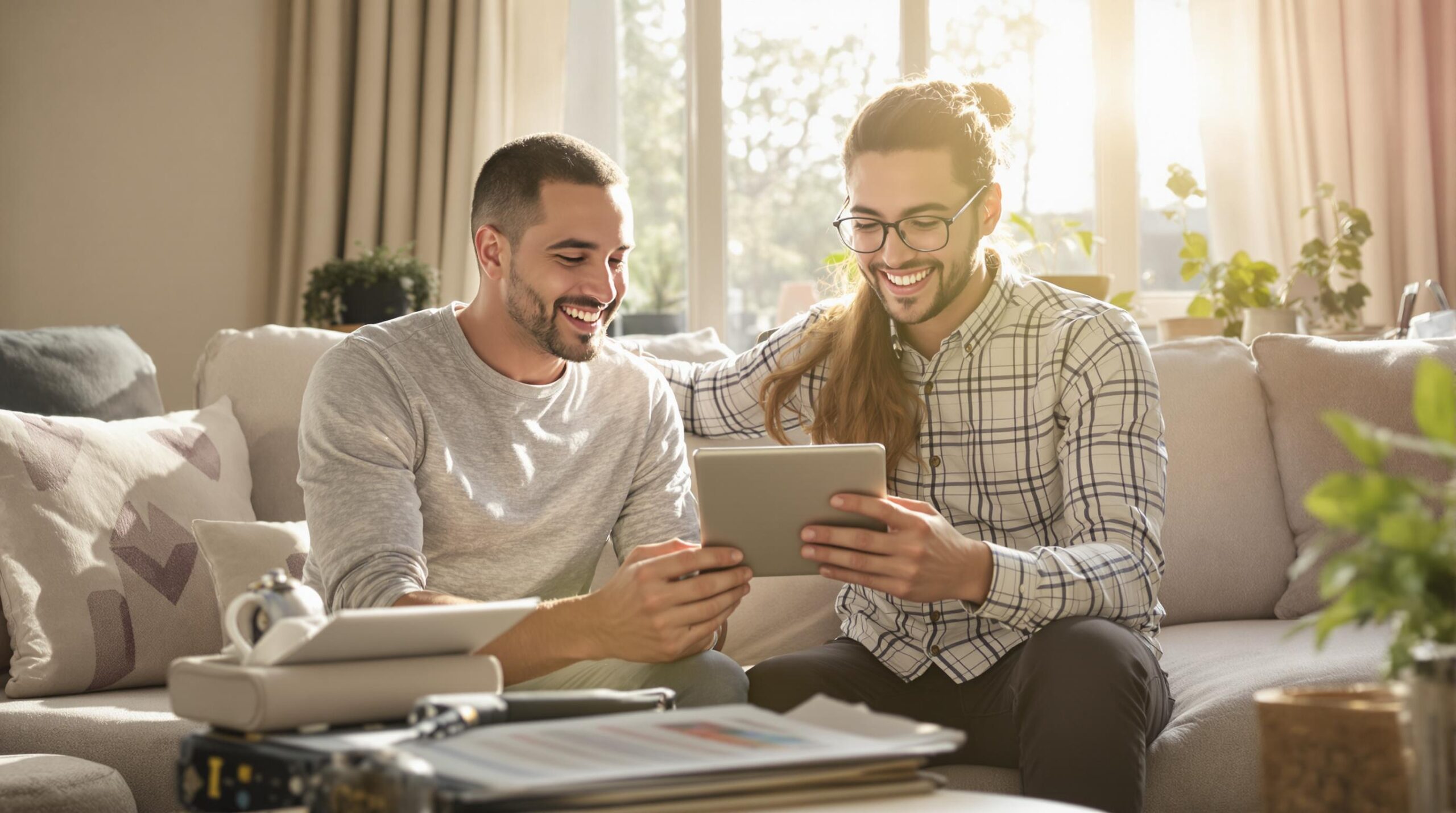 Two men smiling while using a tablet on a sofa.