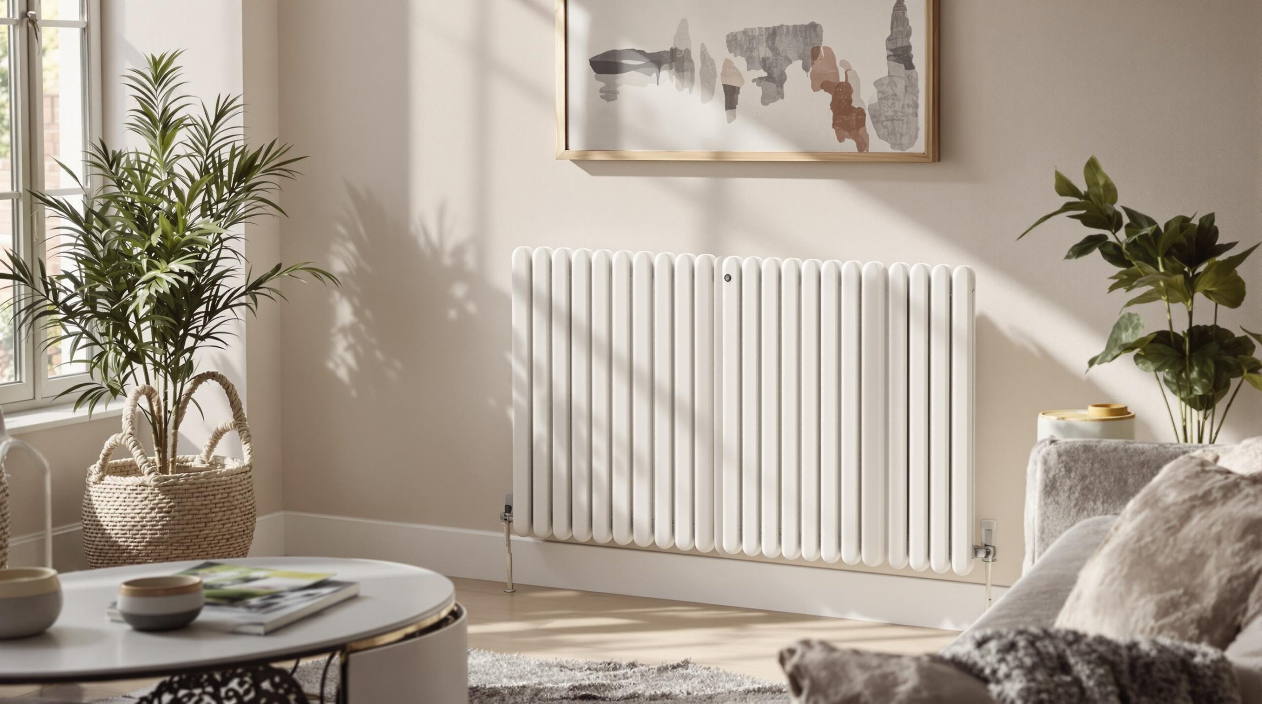 Modern white radiator in a living room setting.