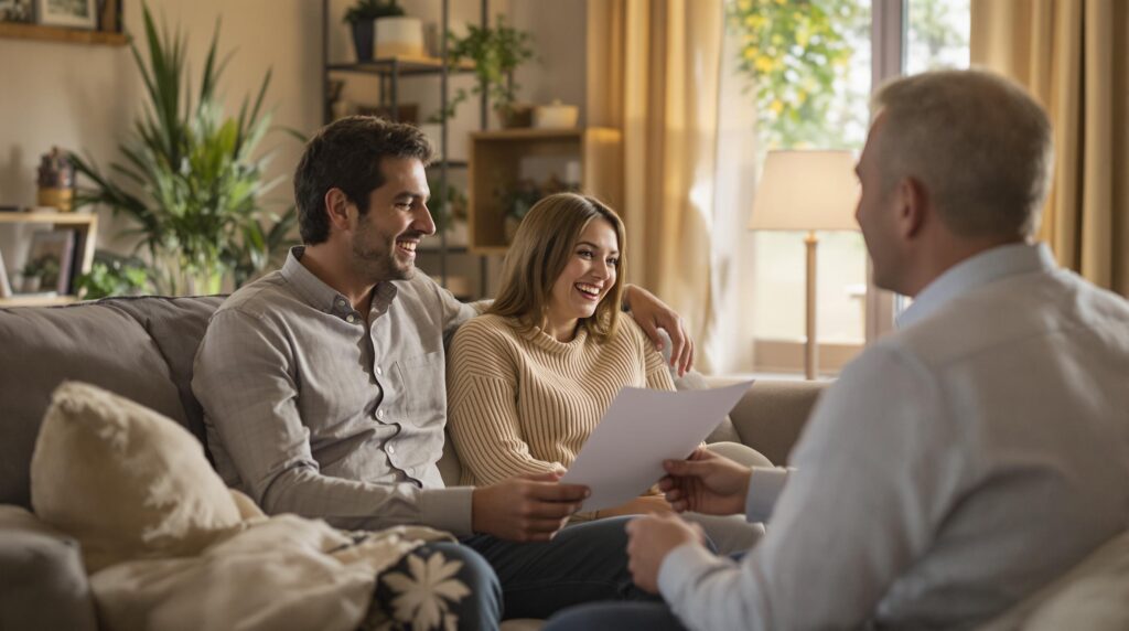 Assurance habitation AXA : adaptée et simplifiée 2 Couple meeting with financial advisor at home