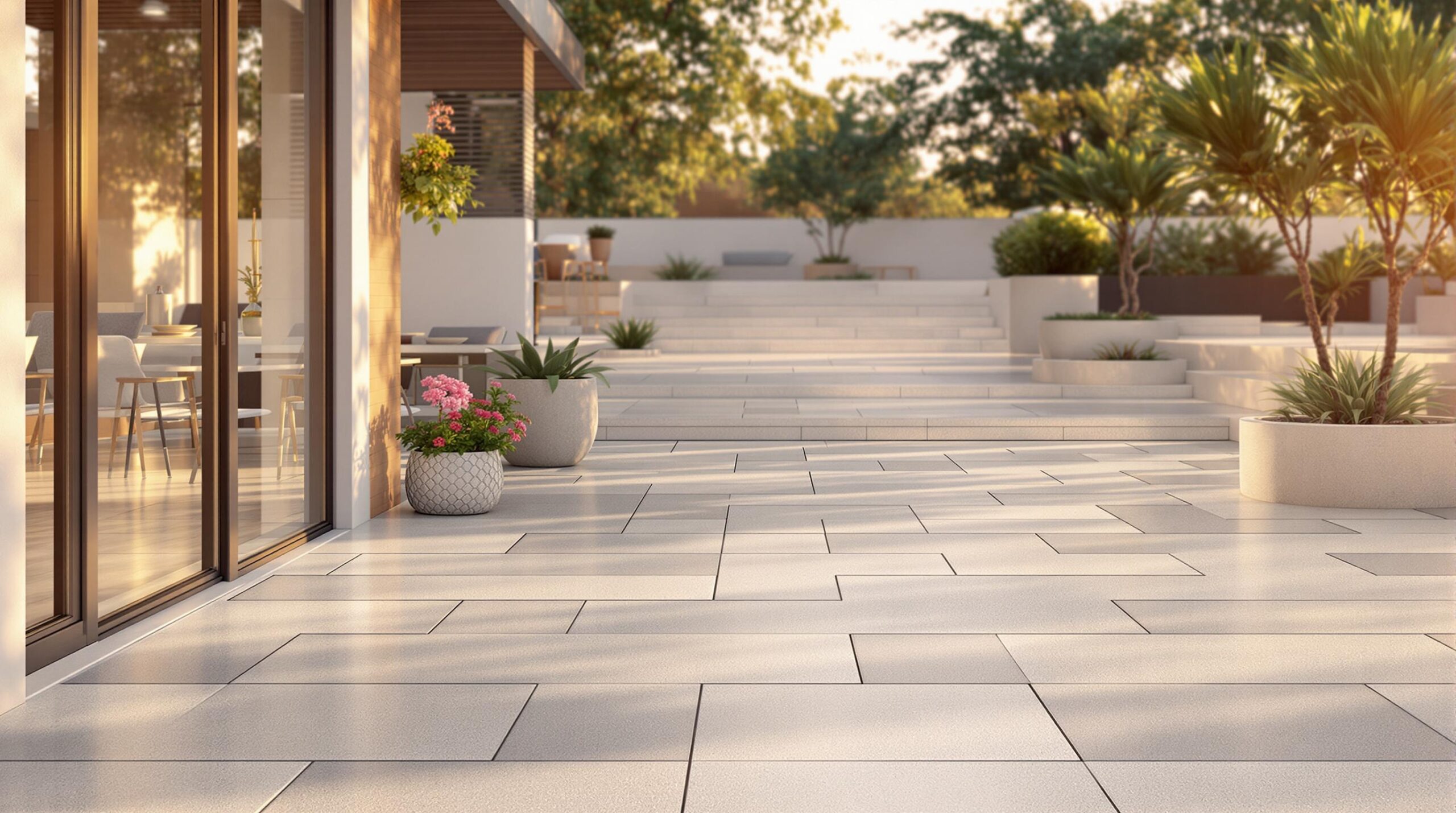 Carrelage sur plots : avantages, pose et entretien 6 Modern patio with stone tiles and potted plants.