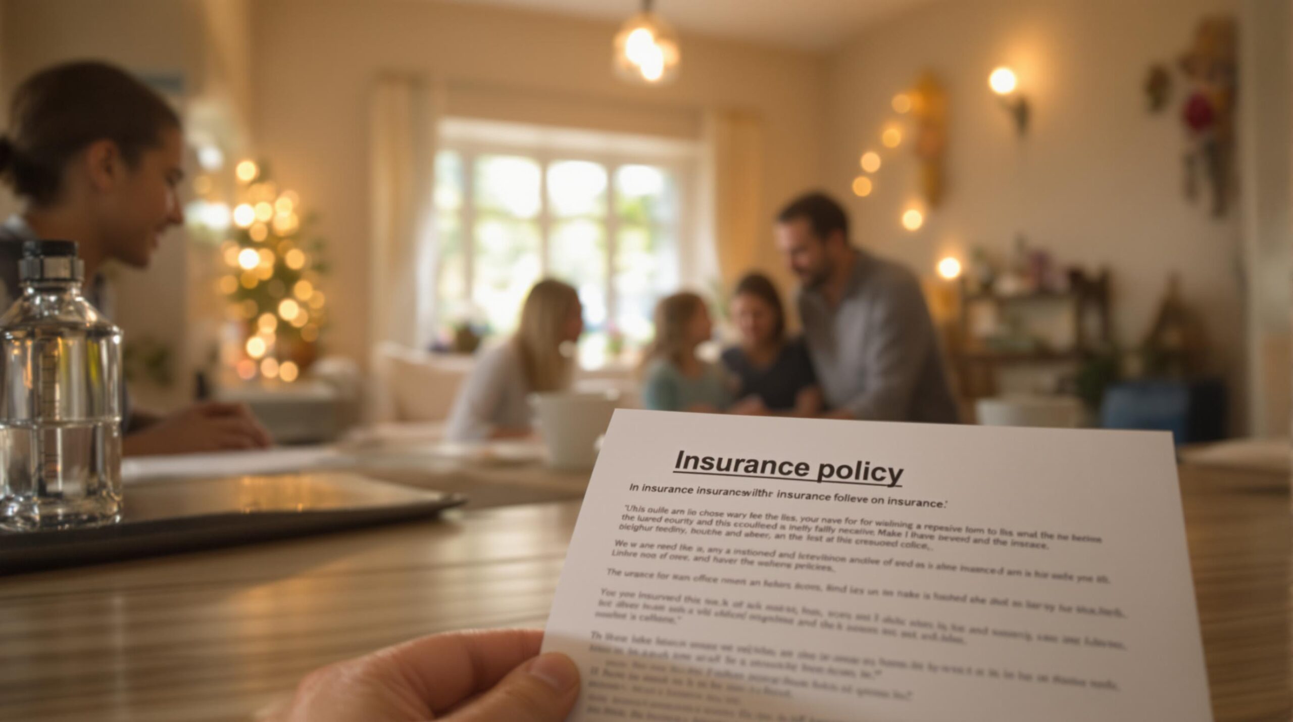Insurance policy document held by a person, with a family in the background.