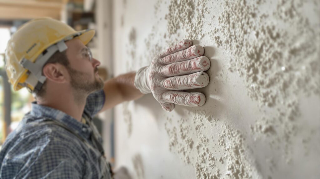 Temps de séchage du MAP : clés pour pose réussie 2 Worker touching textured wall.