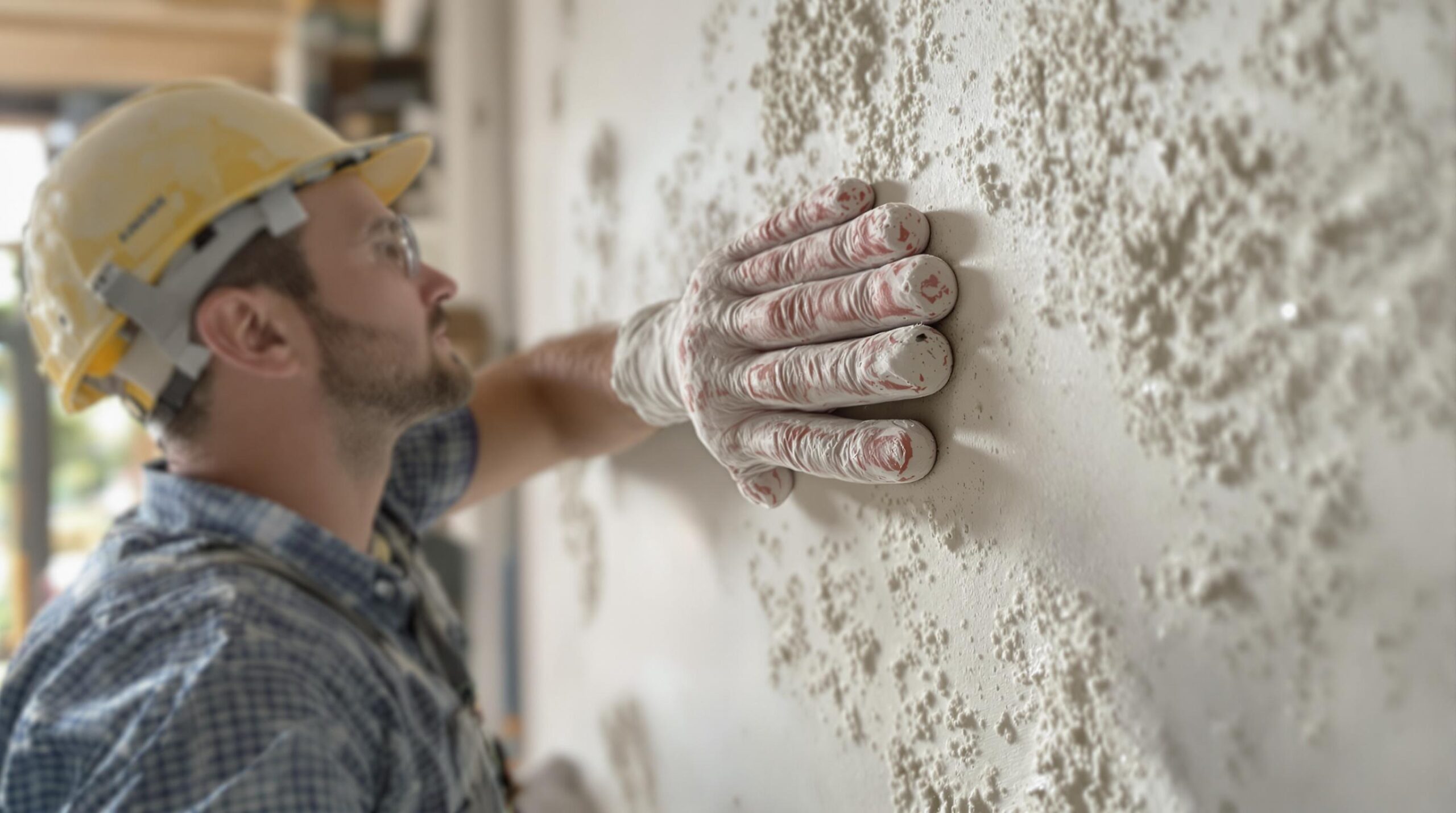 Worker touching textured wall.