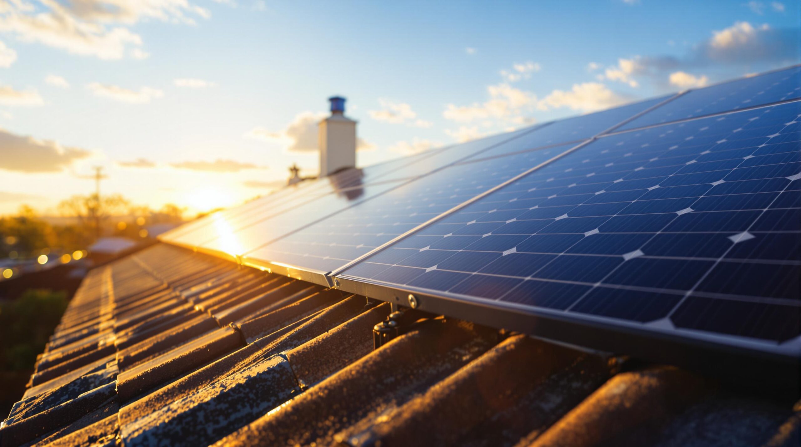 Solar panels on a rooftop at sunset