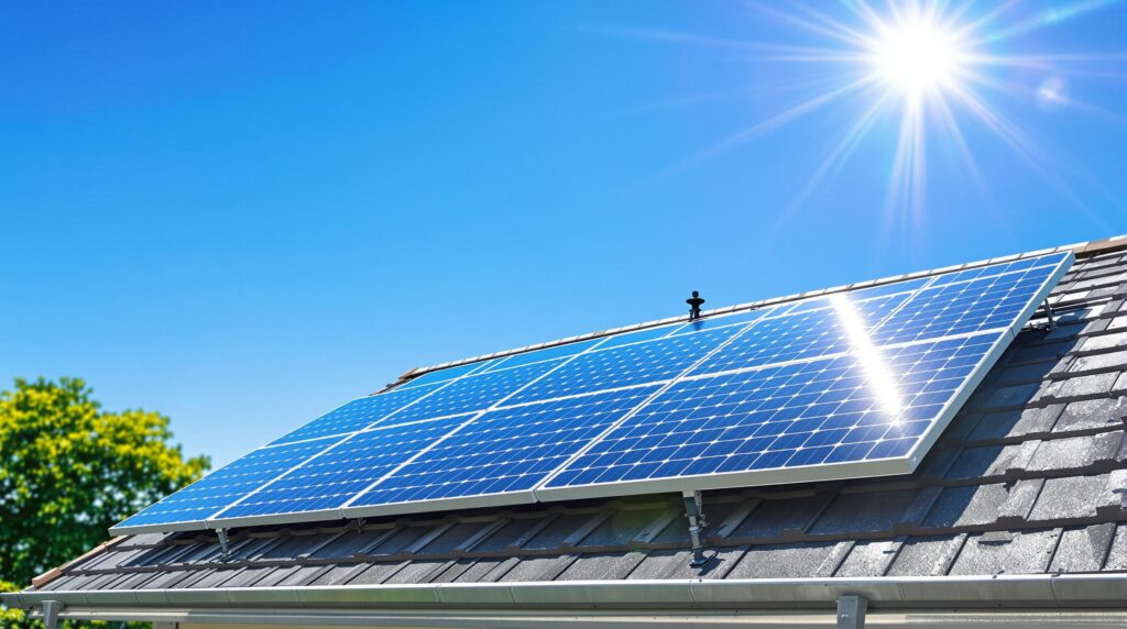 Hanwha Q CELLS : 3 atouts rendement, garantie, prix 2 Solar panels on a rooftop under a sunny blue sky