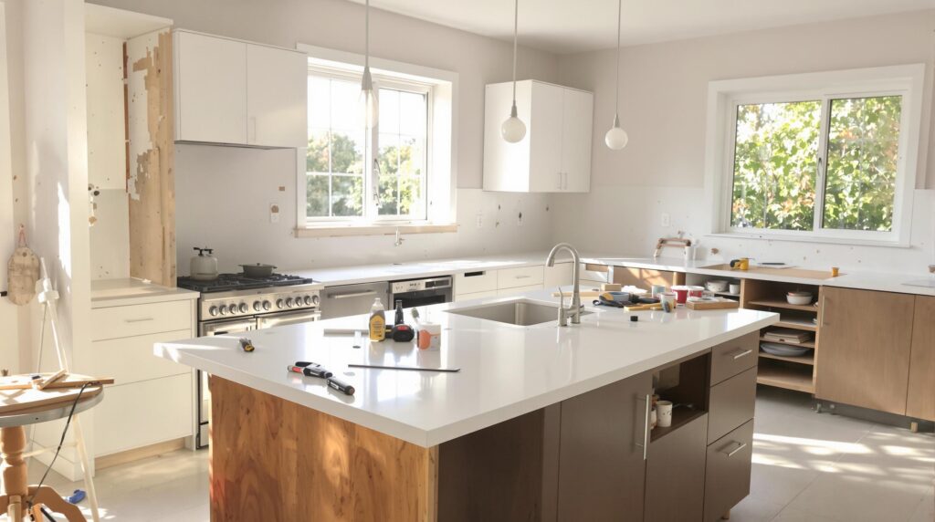 Rénovation maison : budget, normes et artisans RGE 2 Kitchen renovation in progress.
