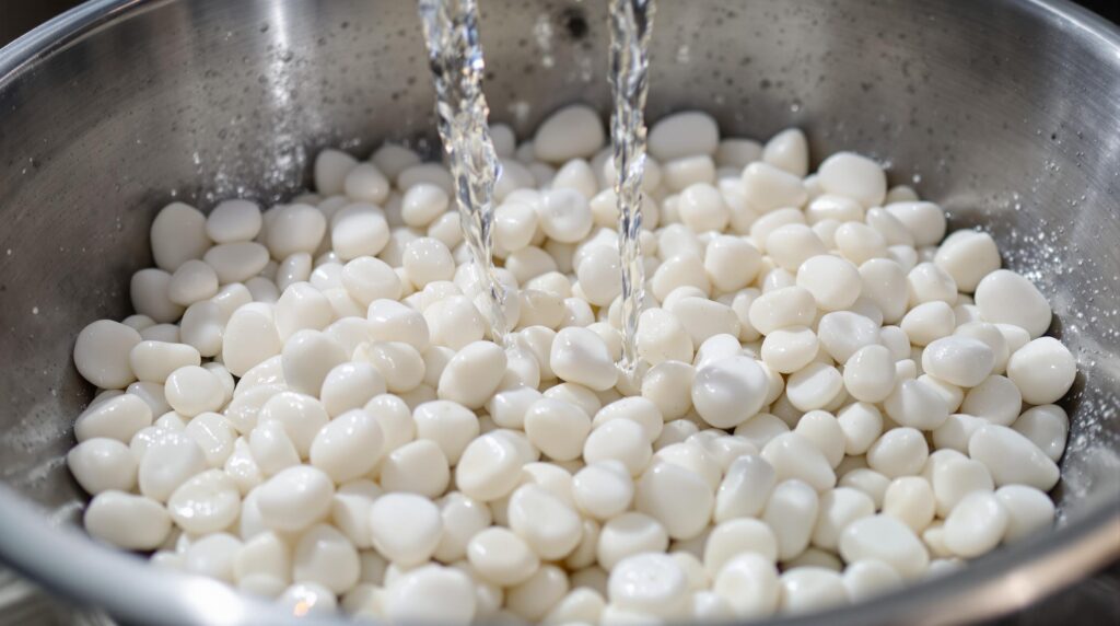 Nettoyer cailloux blancs : astuces naturelles 2 Washing white gnocchi in a metal bowl.