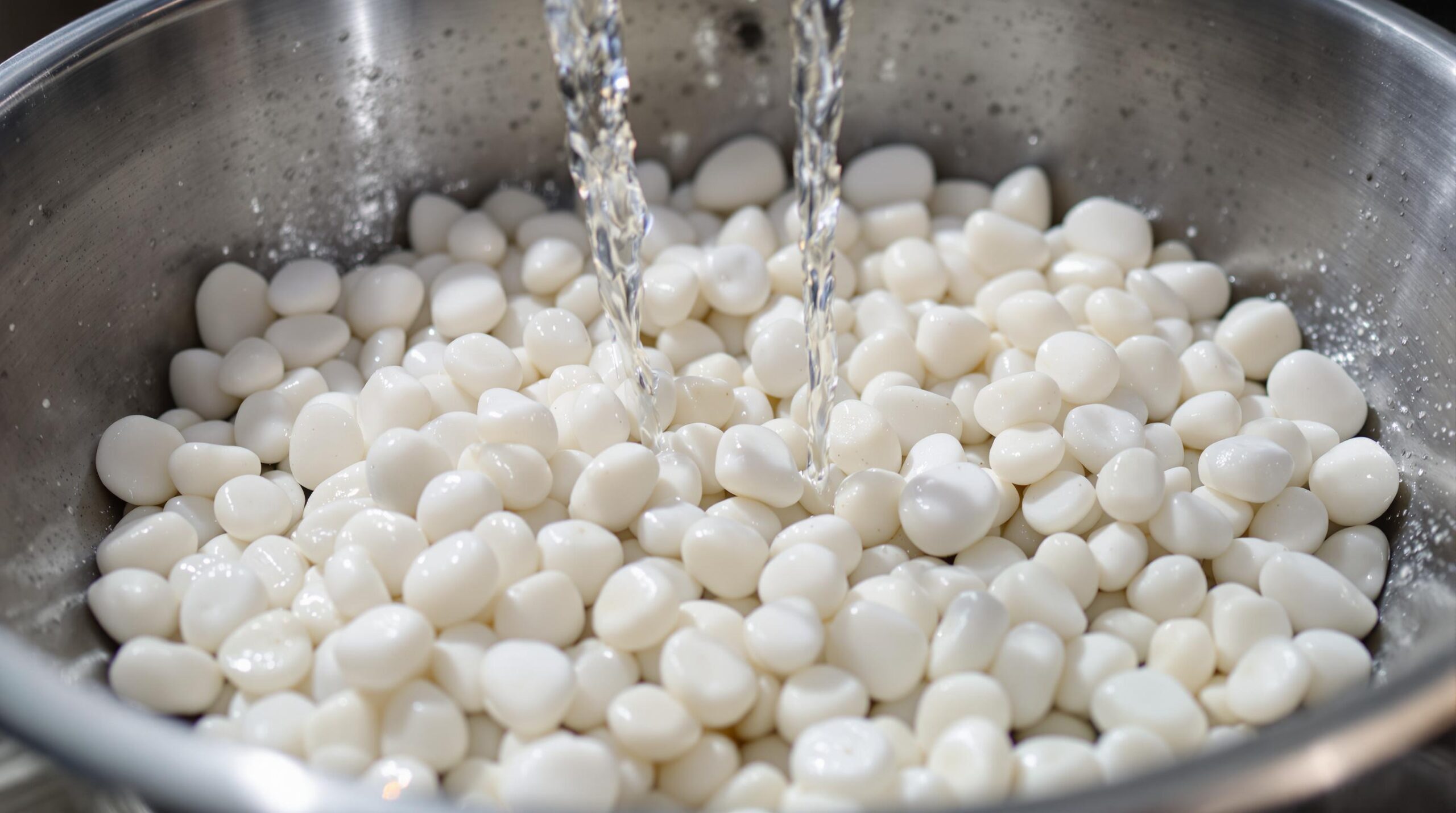 Nettoyer cailloux blancs : astuces naturelles 7 Washing white gnocchi in a metal bowl.