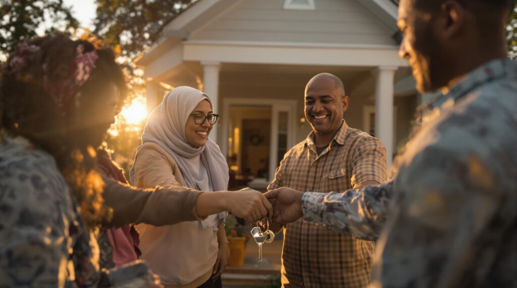 Travaux ANAH : optimisez votre rénovation et aides 2 Family receiving keys to new home.