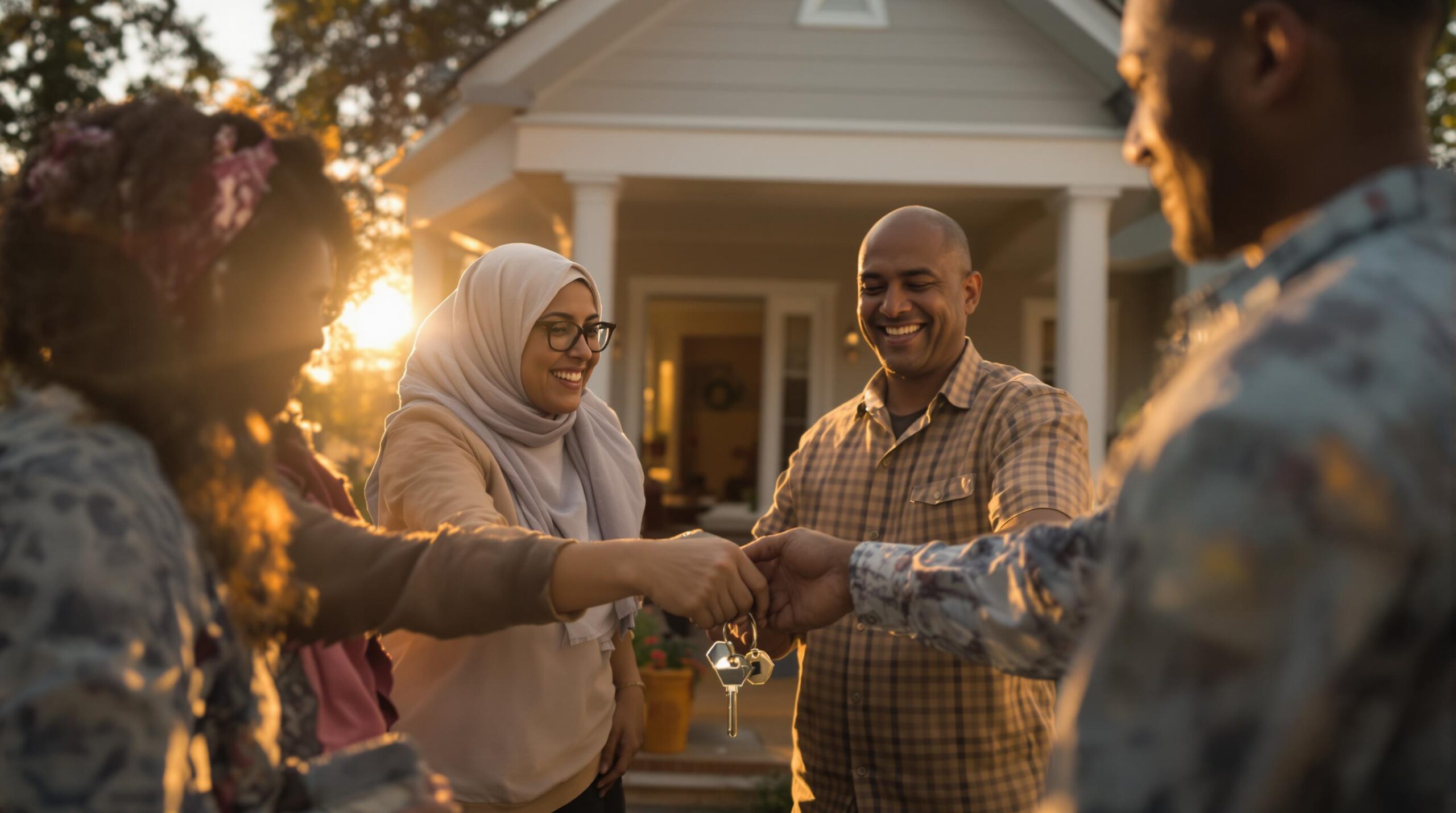 Travaux ANAH : optimisez votre rénovation et aides 7 Family receiving keys to new home.