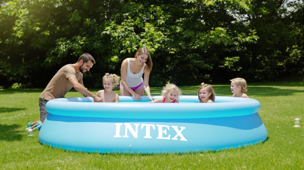 Family enjoying an Intex inflatable pool in the backyard
