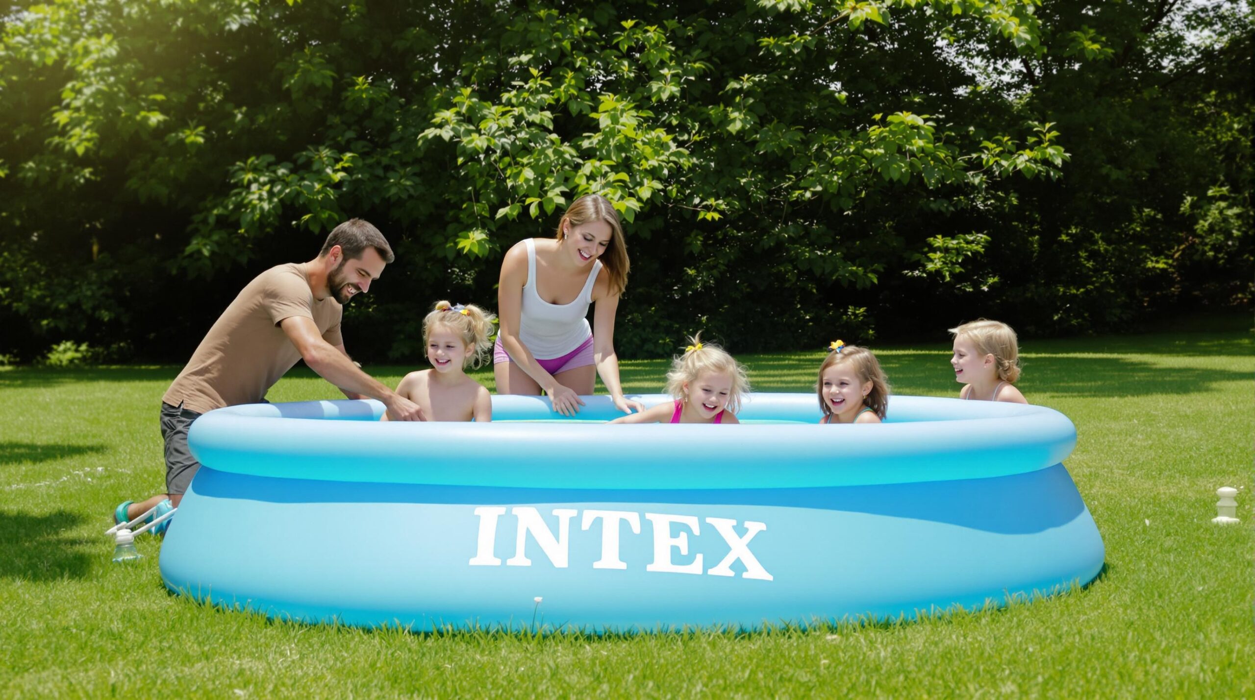 Family enjoying an Intex inflatable pool in the backyard