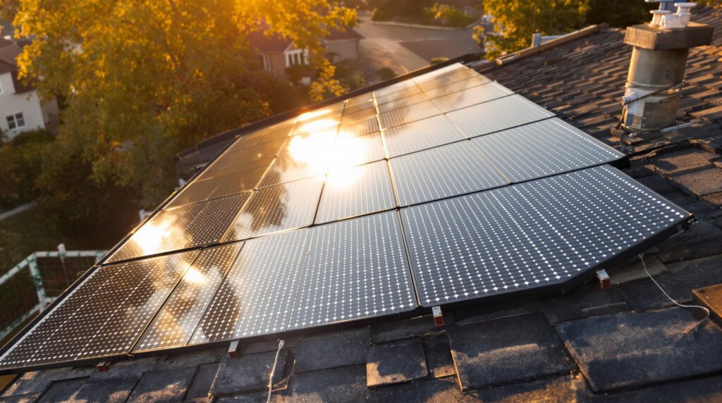 SunPower : installation experte et garantie 40 ans 2 Solar panels on a rooftop at sunset.