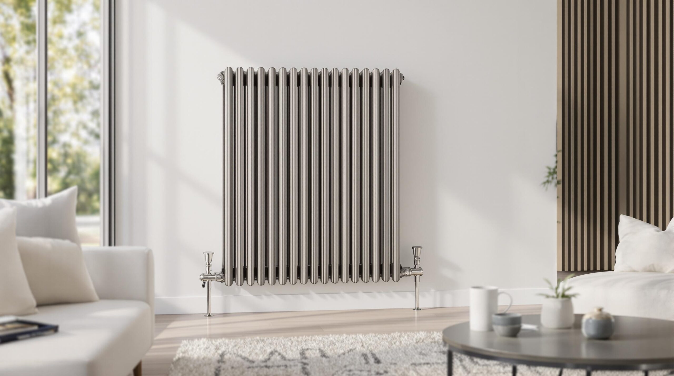 Modern silver radiator in living room