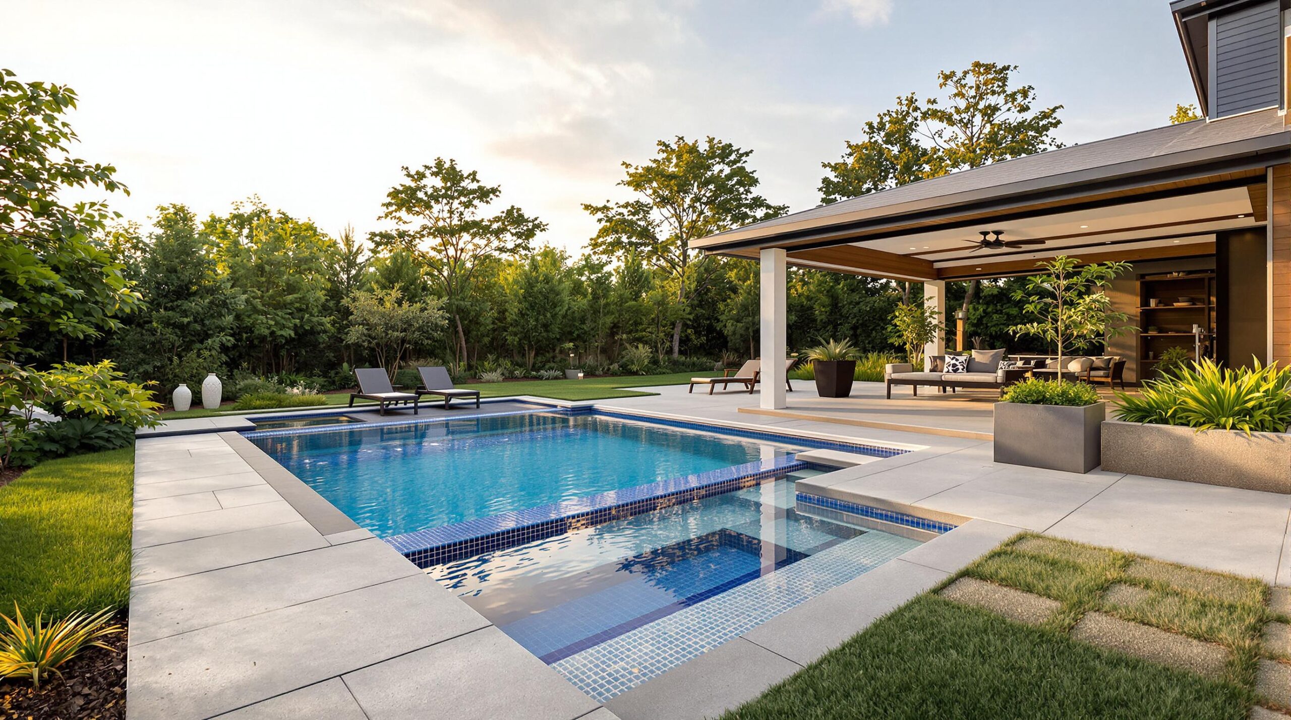 Luxury backyard pool with patio and seating area.