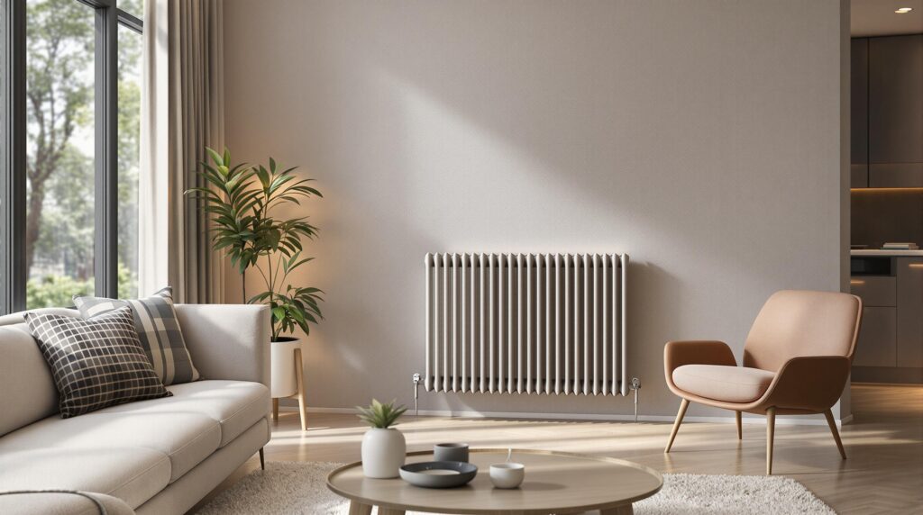 Radiateurs Acova design : élégance et performance 2 Living room interior with radiator, sofa, and armchair.