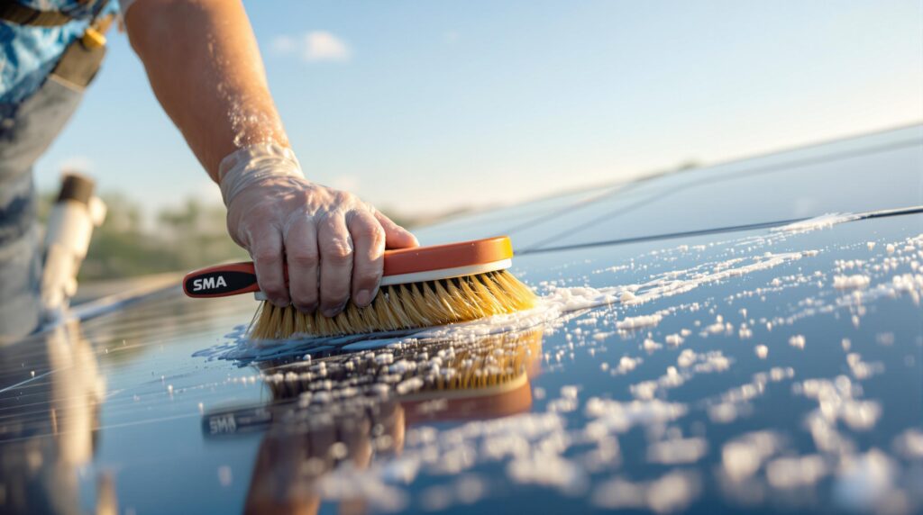 Nettoyer panneaux solaires : rendement durable et longévité 2 Cleaning solar panels with a brush.