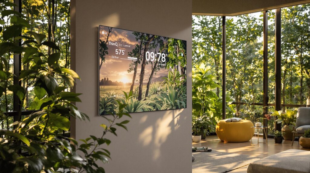 LG TV displaying nature scene in a modern living room.