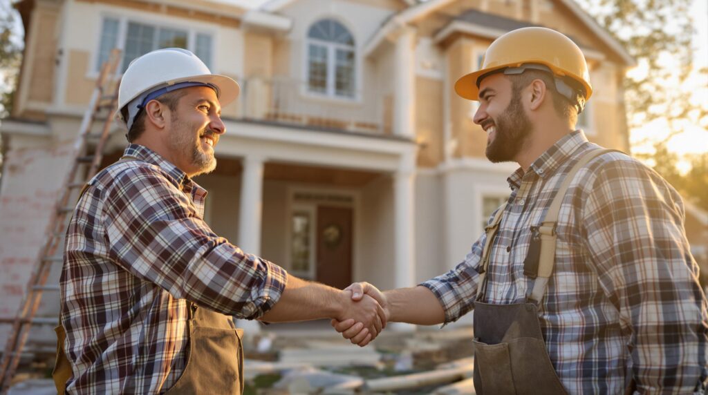 Two construction workers shaking hands in front of a house.