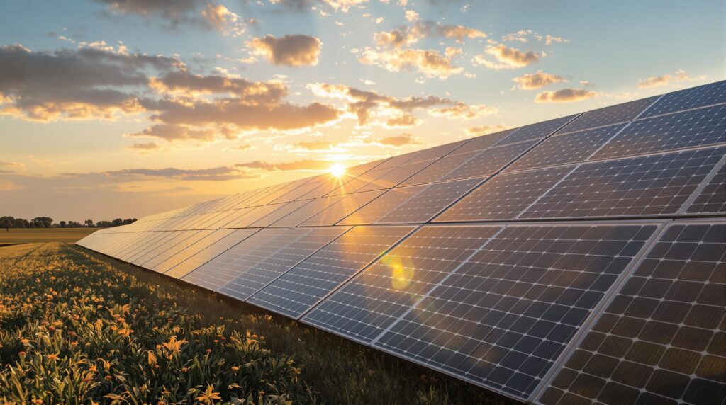 Panneaux Ciel & Terre : impact et recyclage 2 Solar panels at sunset