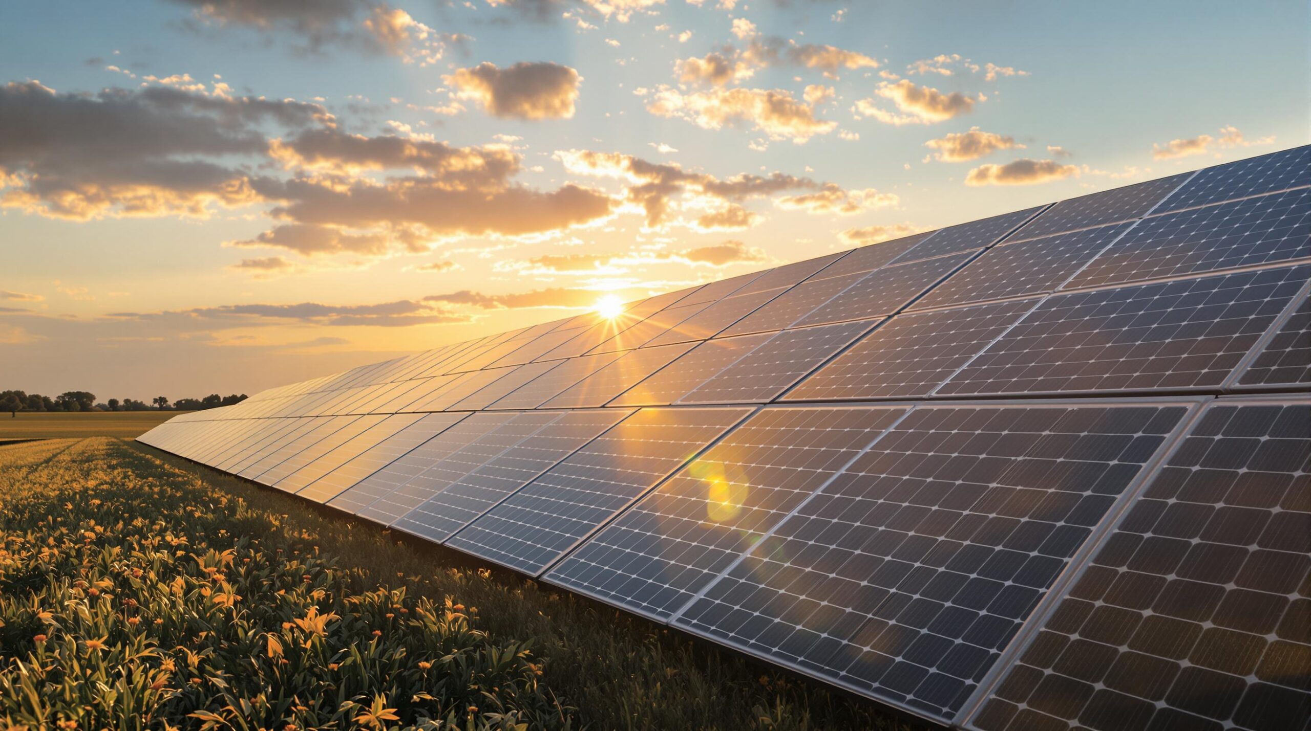Solar panels at sunset