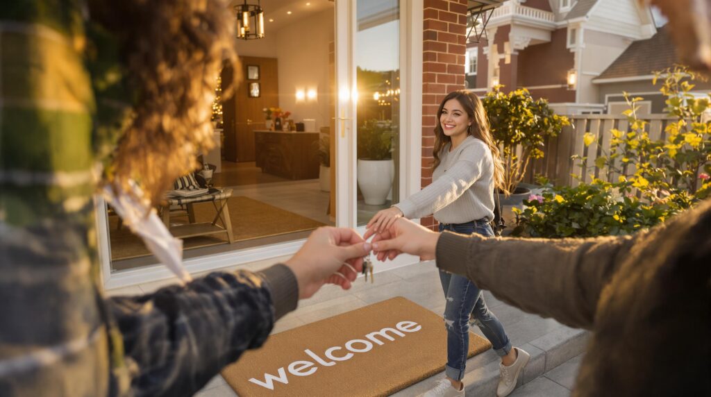Assurance habitation MAAF : clé jeune propriétaire 2 Woman receiving keys to a new home.