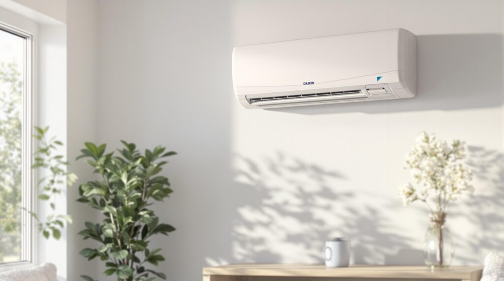 Climatiseur Daikin idéal : les critères clés 2 Daikin air conditioner on a white wall.