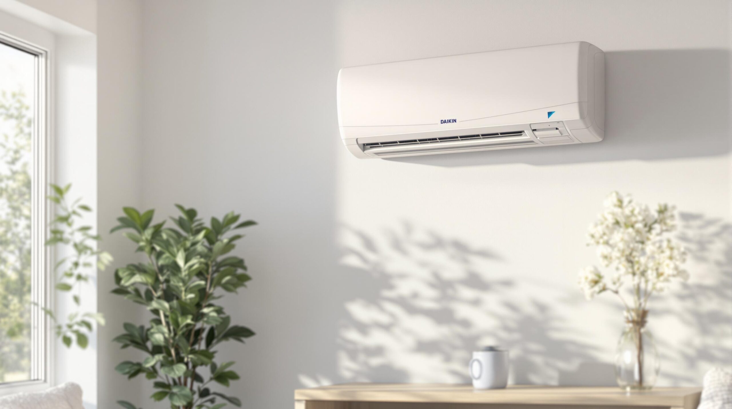 Daikin air conditioner on a white wall.
