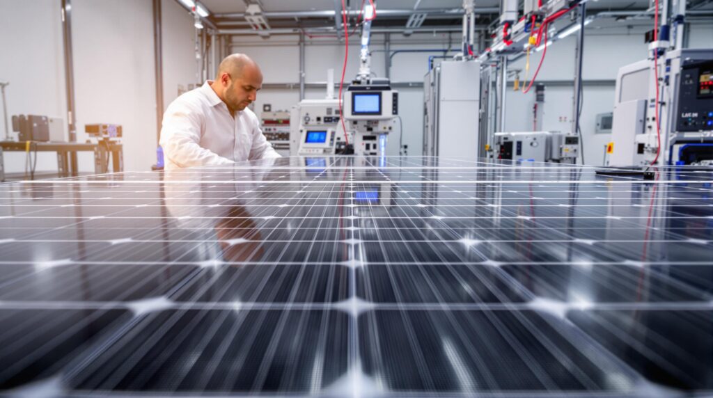 Panneaux solaires LG : performances face au marché 2 Technician inspecting solar panel in factory
