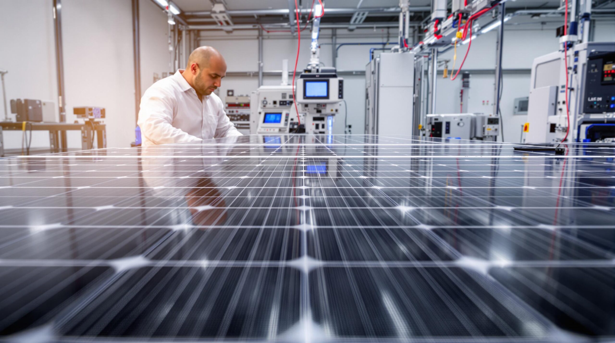 Technician inspecting solar panel in factory