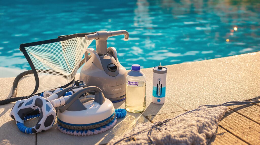 Pool cleaning equipment by the poolside.