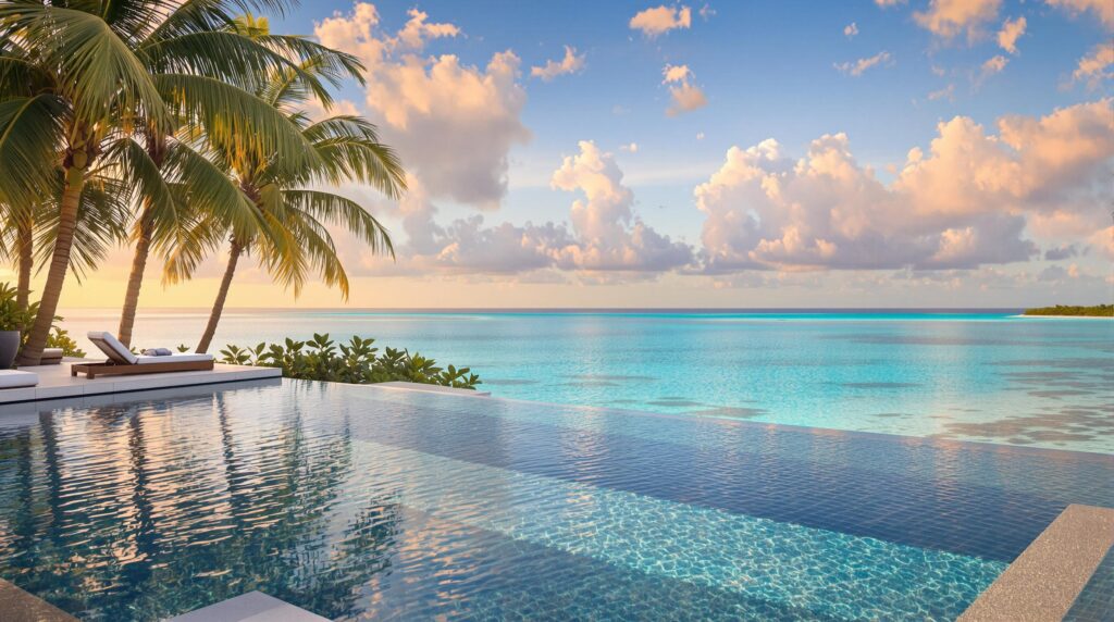 Infinity pool overlooking tropical ocean at sunset