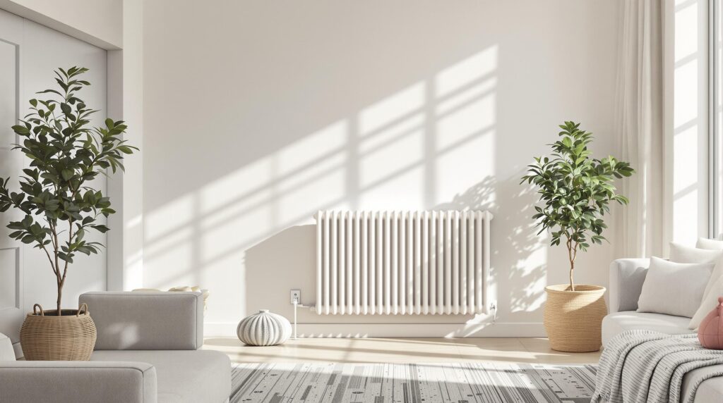 Radiateur inertie Atlantic : confort et économies 2 Living room with radiator and plants.