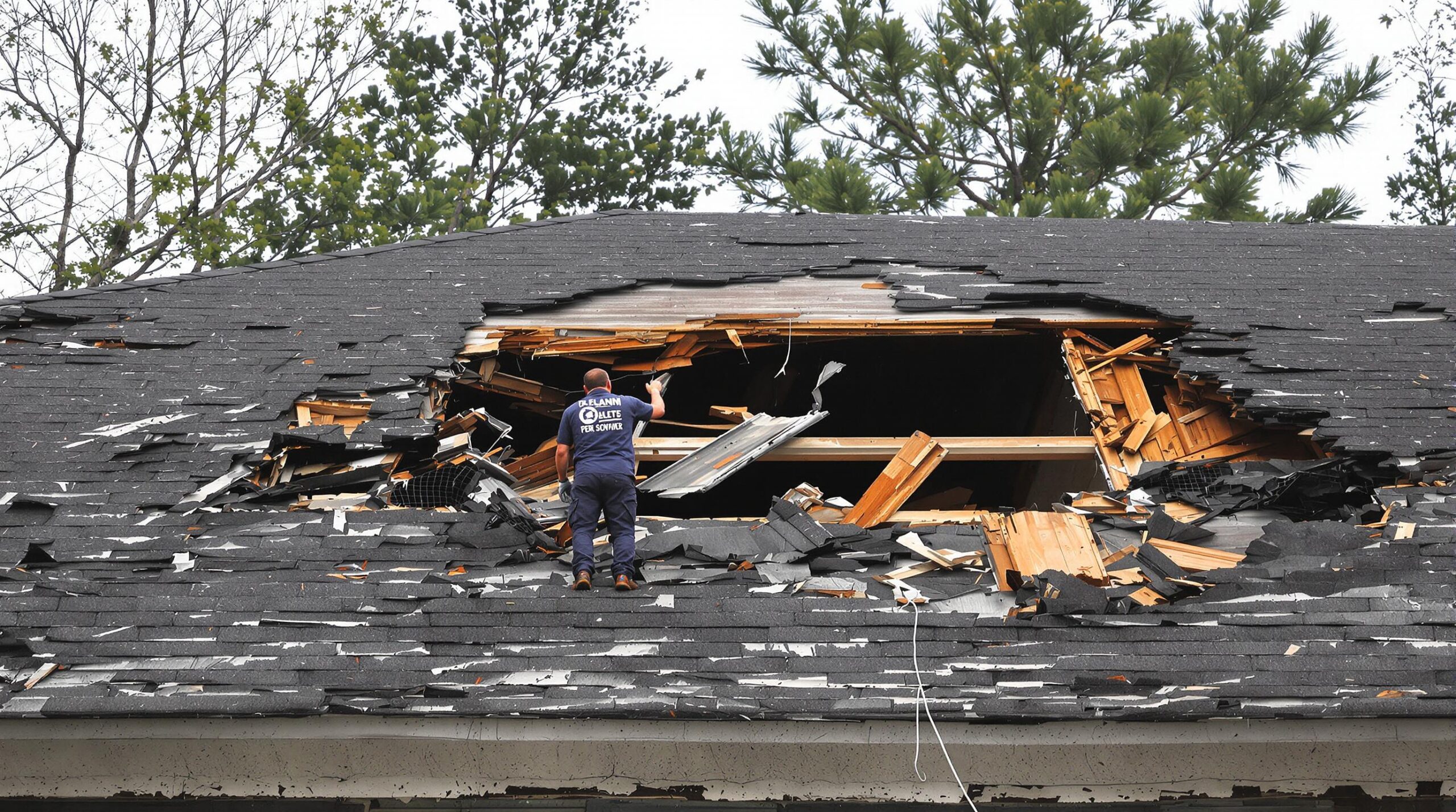 Sinistre habitation Groupama : agir et indemnisation 6 Man inspecting storm-damaged roof