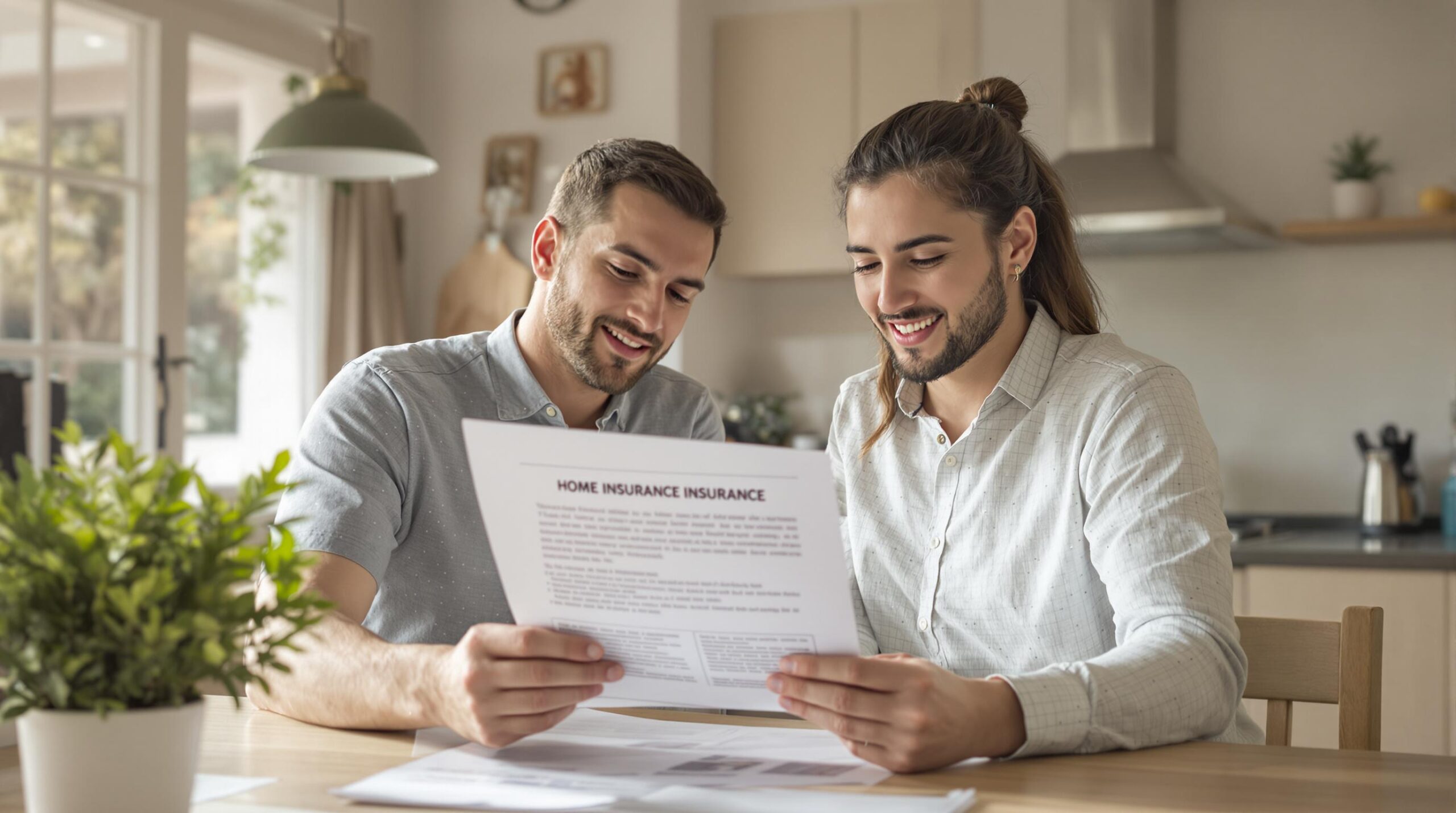Couple reviewing home insurance document.