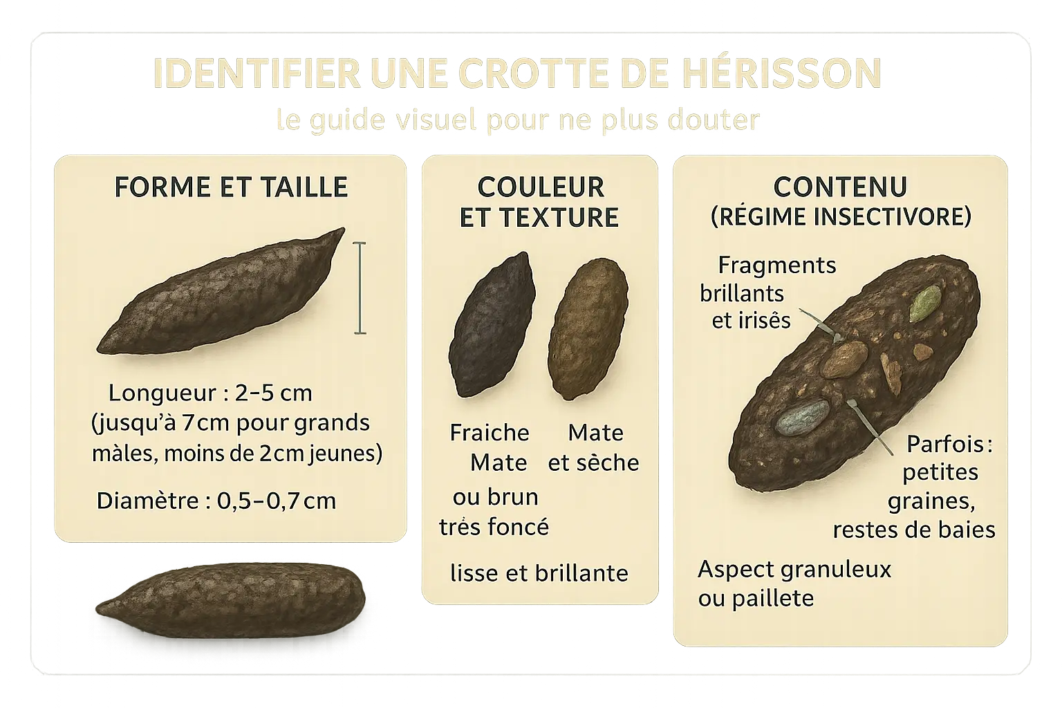 Crottes hérisson : identifier et protéger le jardin 4 Exemple de crottes de hérisson sur un sol de jardin