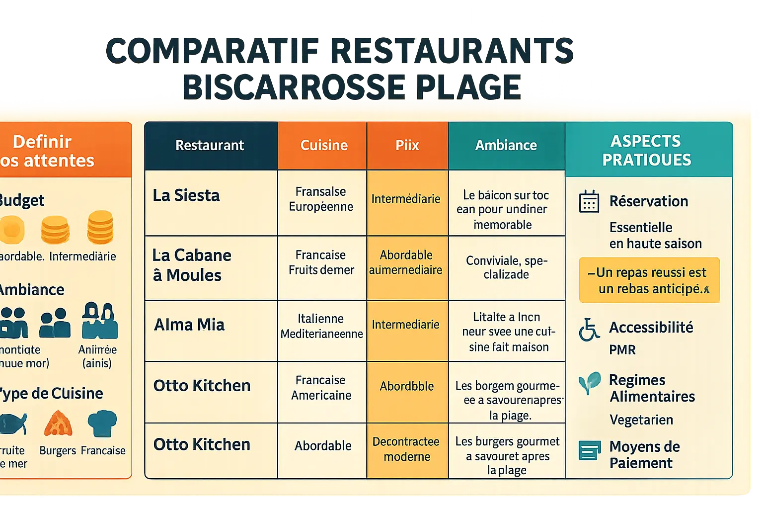 Restaurants Biscarrosse Plage : Budgets et cadres 4 Tableau comparatif des restaurants à Biscarrosse Plage