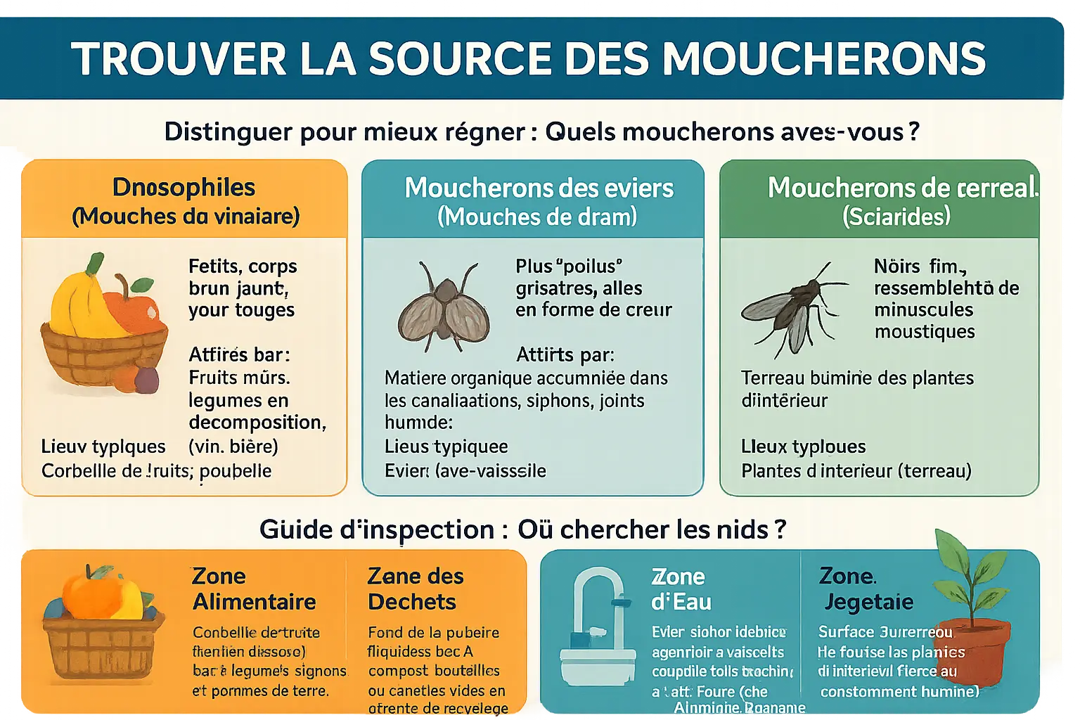 Éliminer moucherons cuisine : astuces naturelles 4 Illustration montrant les différents types de moucherons dans la cuisine