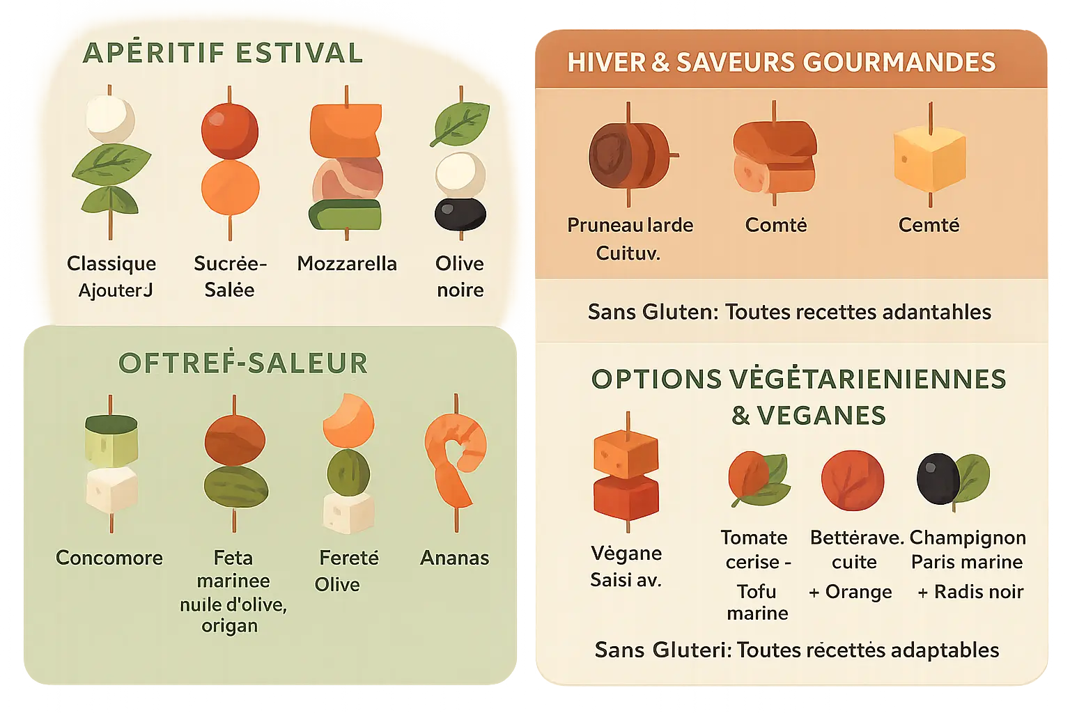 Brochettes apéritives colorées sur plateau de bois
