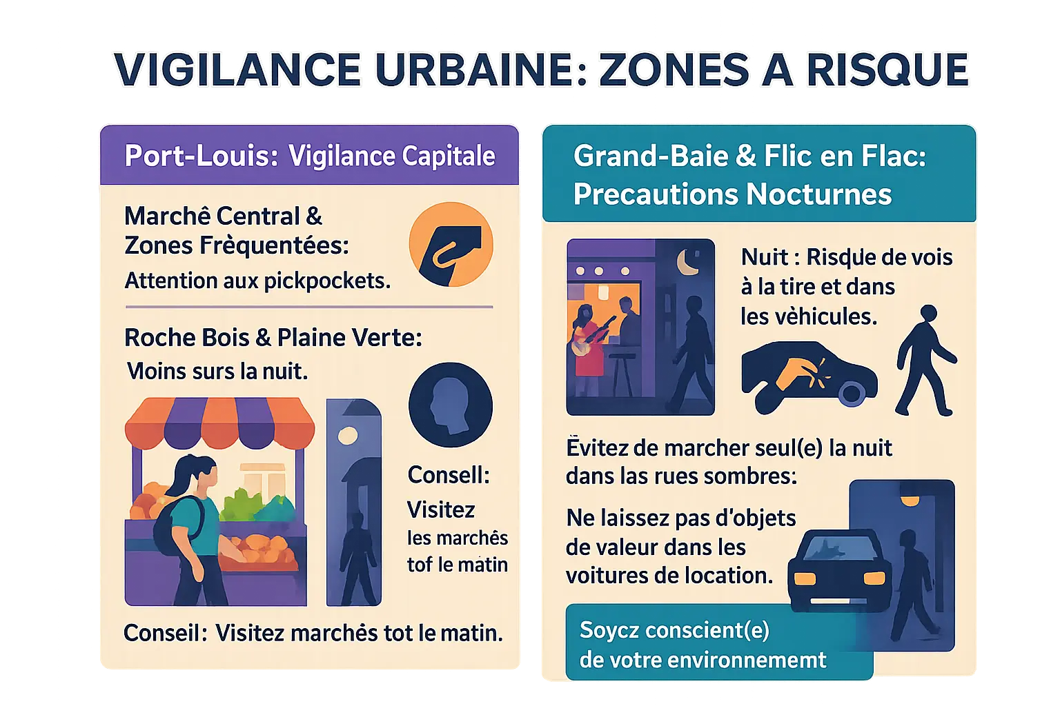 Carte de l'île Maurice avec zones à risques signalées