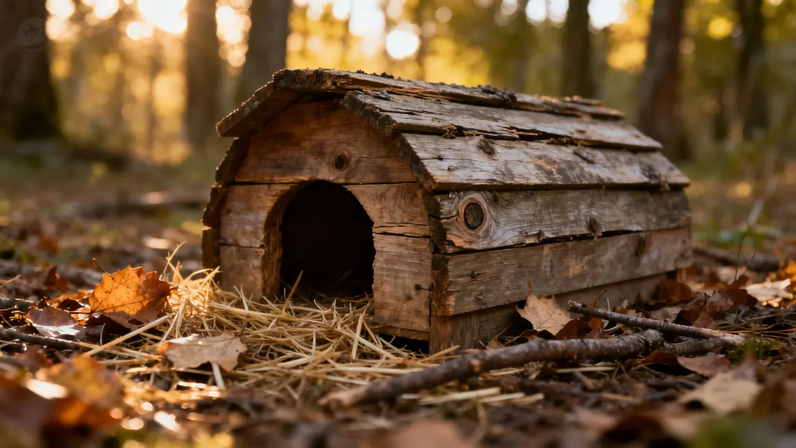 abri herisson caisse bois isolée feuilles paille branchages