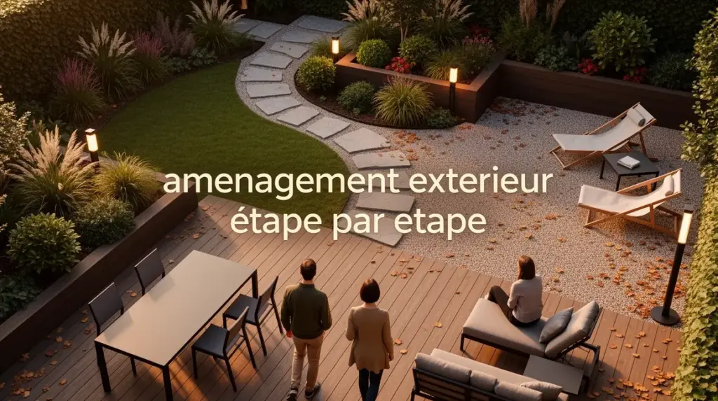 Vue d'ensemble jardin moderne aménagement extérieur étapes terrasse chemins