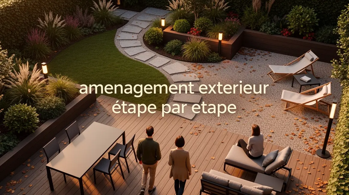Vue d'ensemble jardin moderne aménagement extérieur étapes terrasse chemins
