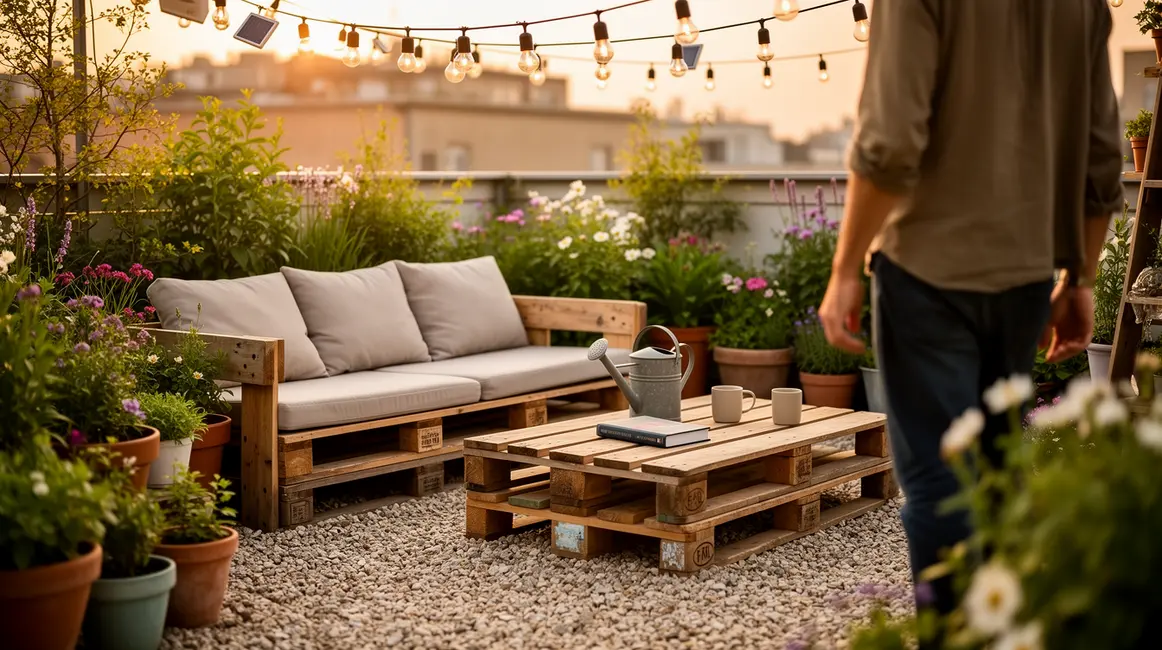 aménagement extérieur : checklist avant de se lancer en petit budget 7 petit jardin terrasse avec gravier, mobilier palette, vivaces, guirlandes solaires