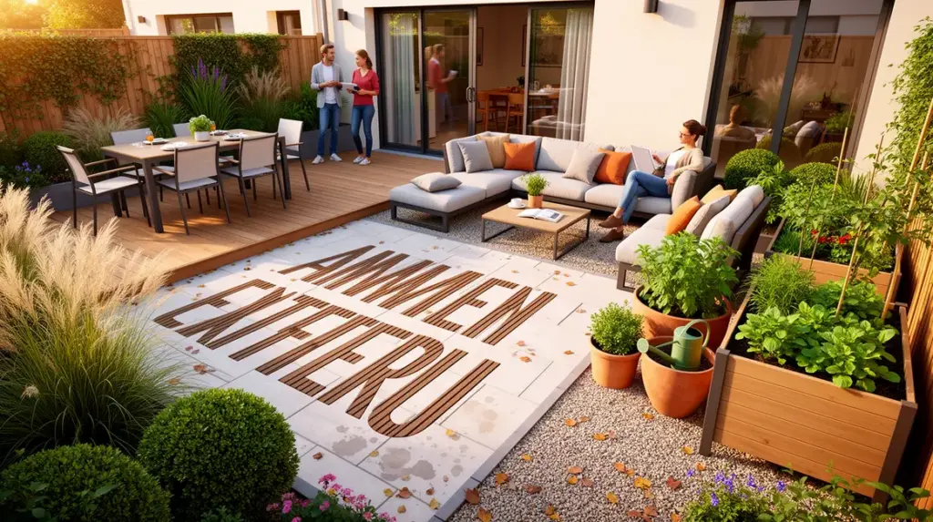 Vue d'un amenagement exterieur avec jardin terrasse cour materiaux naturels zones repas repos culture
