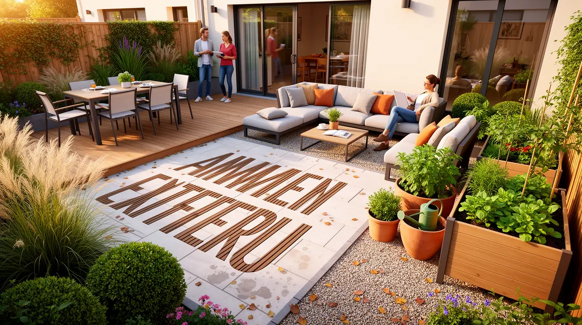 Vue d'un amenagement exterieur avec jardin terrasse cour materiaux naturels zones repas repos culture