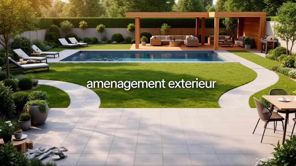 amenagement exterieur vue jardin terrasse piscine pergola