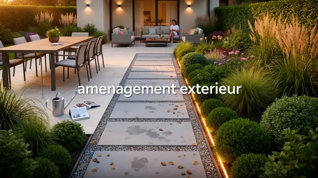 Vue d'un amenagement exterieur moderne divise en zones
